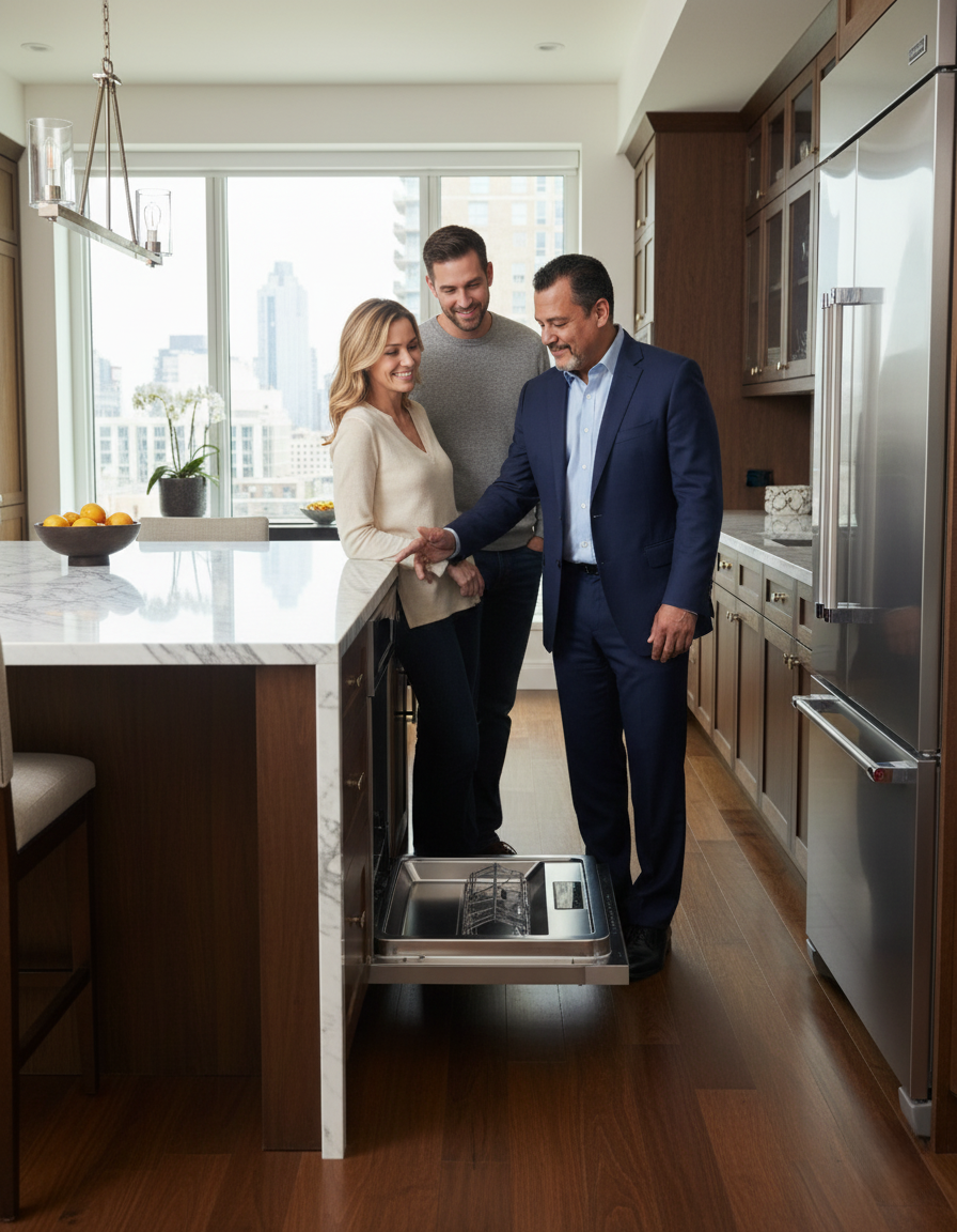 Angel Rodriguez with buyers reviewing a new construction home